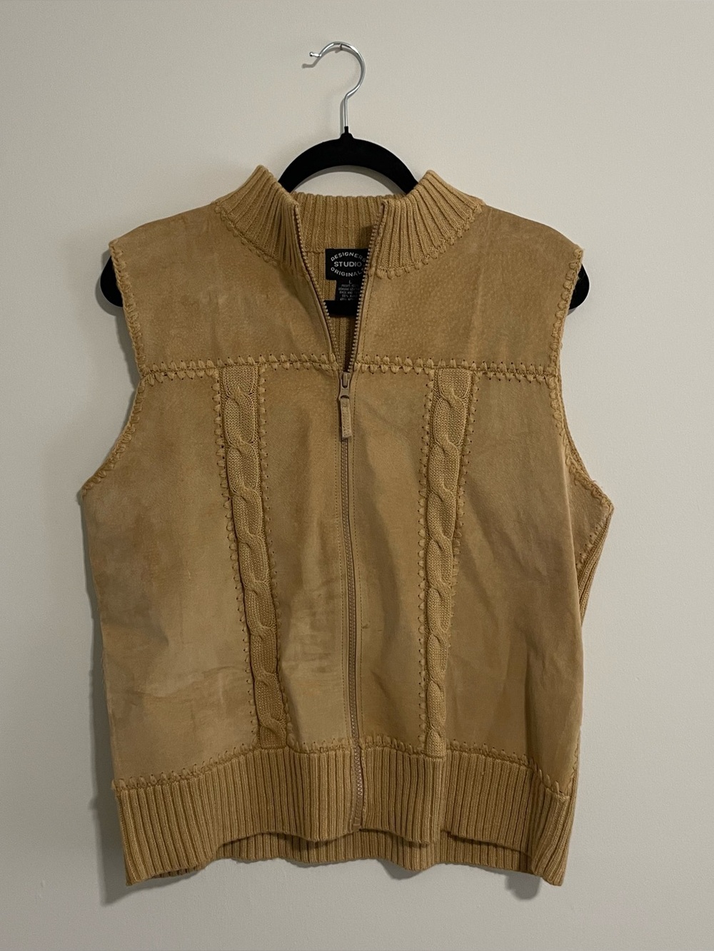 Vintage Western Leather Tan Cable Knit Zip Vest Hippie Boho Size Large 90s